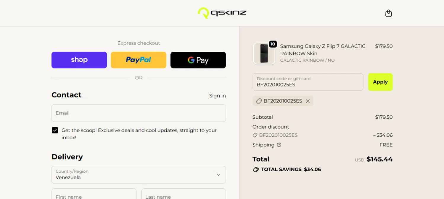 Qskinz discount code screenshot showing code BF202010025ES applied at Qskinz checkout page. Uploaded by SimplyCodes community member JesusCaballero on Oct 22, 2025