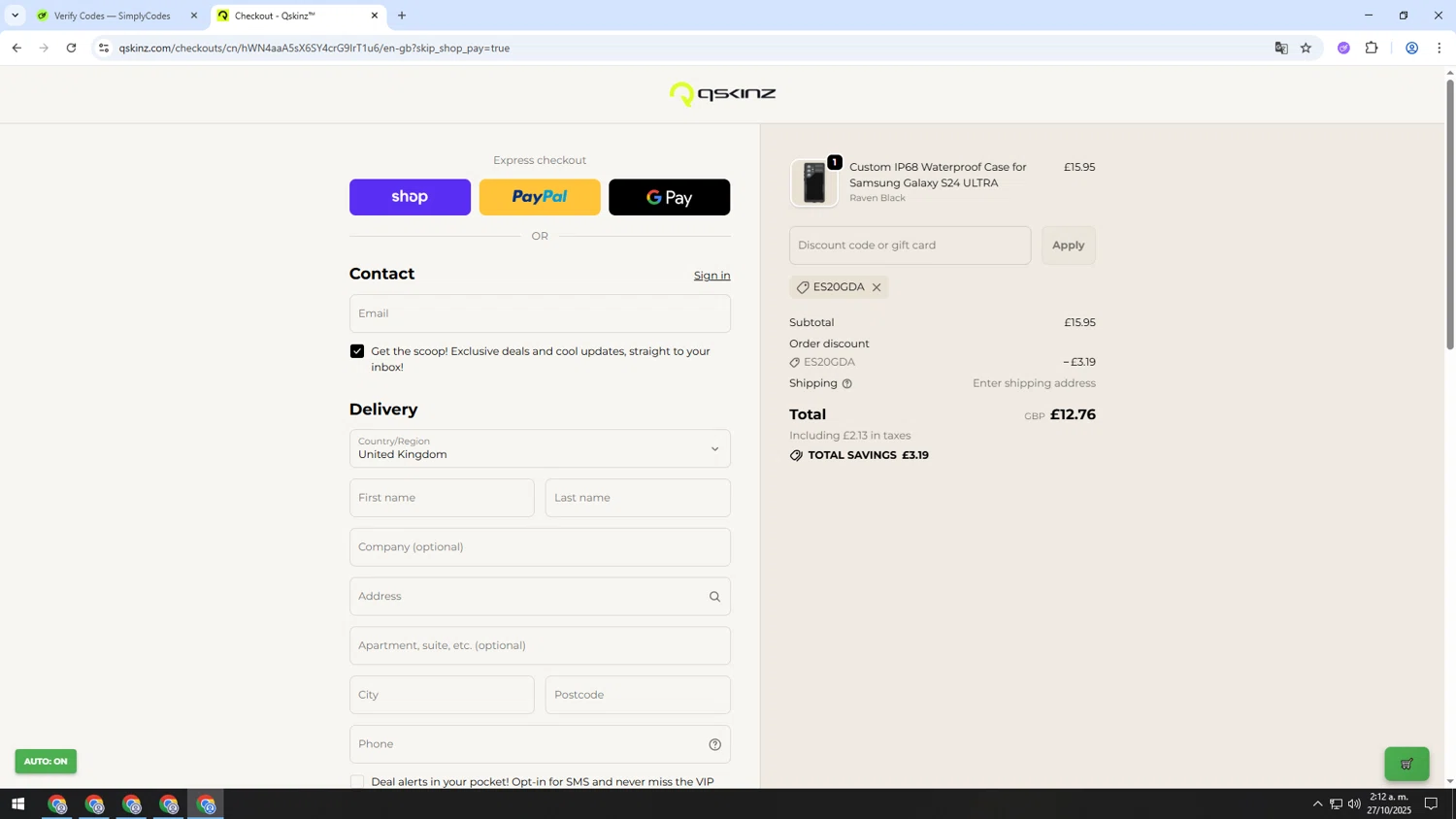 Qskinz discount code screenshot showing code ES20GDA applied at Qskinz checkout page. Uploaded by SimplyCodes community member INSECTOS on Oct 27, 2025