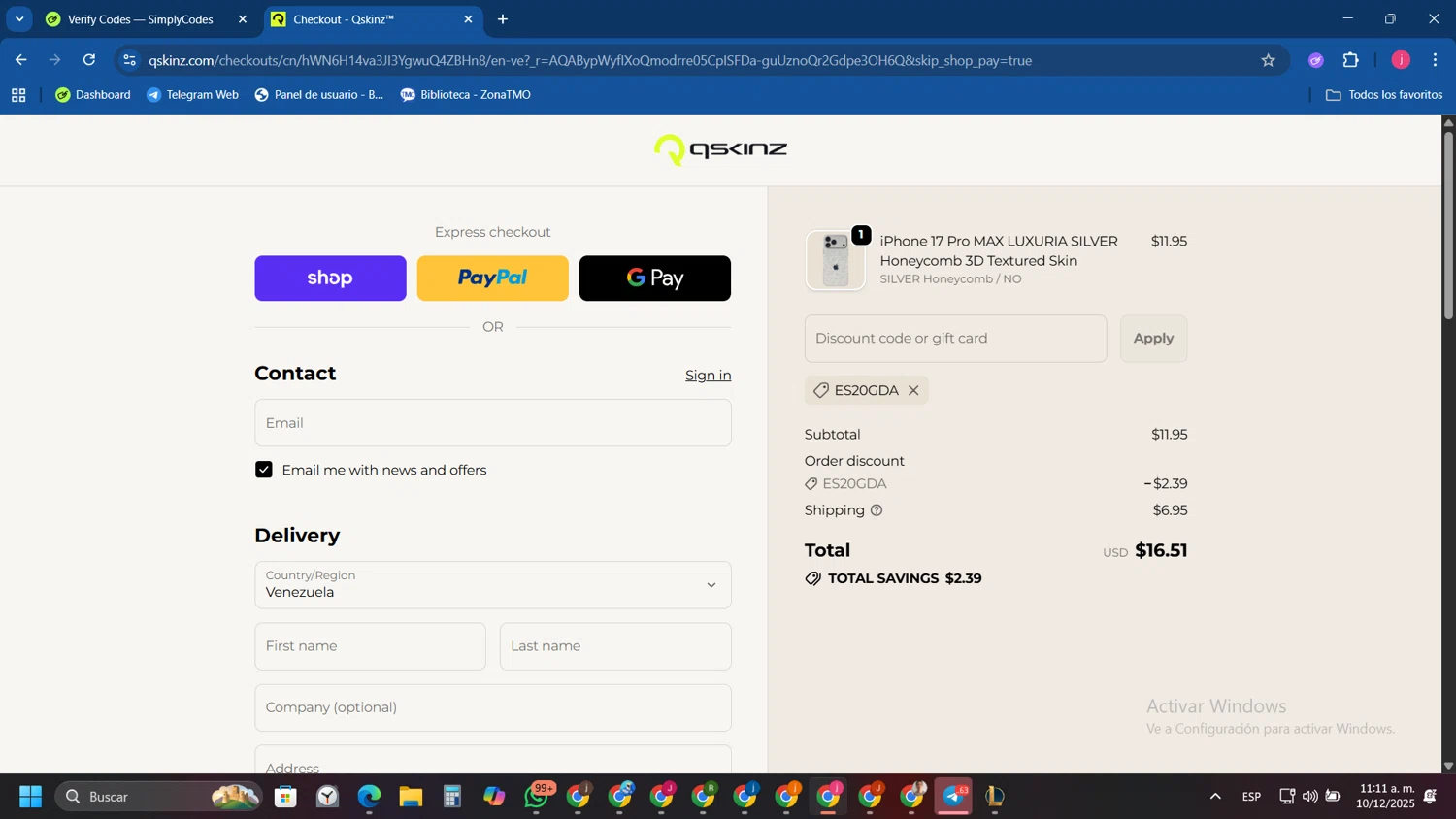 Qskinz discount code screenshot showing code ES20GDA applied at Qskinz checkout page. Uploaded by SimplyCodes community member Tryhard on Dec 10, 2025