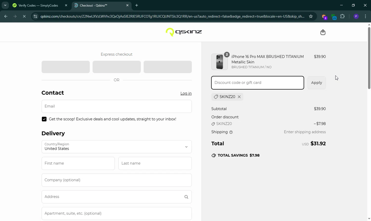 Qskinz discount code screenshot showing code SKINZ20 applied at Qskinz checkout page. Uploaded by SimplyCodes community member ShieldLion4225 on Mar 25, 2025