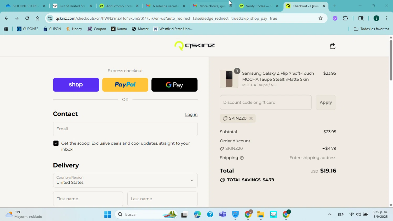 Qskinz discount code screenshot showing code SKINZ20 applied at Qskinz checkout page. Uploaded by SimplyCodes community member jorgejavierherrera on Sep 3, 2025