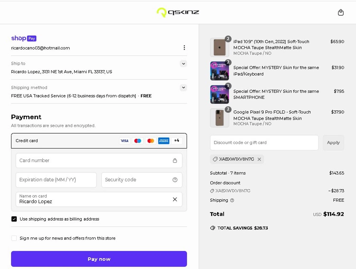 Qskinz discount code screenshot showing code XABXW1XV8N7G applied at Qskinz checkout page. Uploaded by SimplyCodes community member LAMINEJAMAL on May 13, 2025