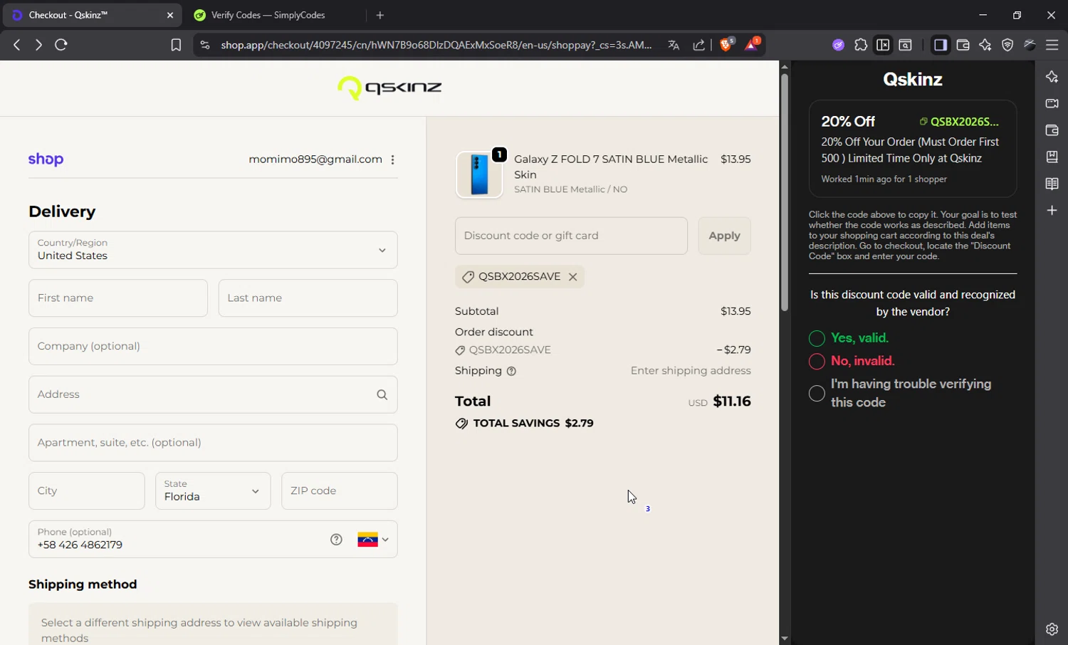 Qskinz checkout page showing Qskinz discount code box | Screenshot taken by SimplyCodes community member on Jan 3, 2026