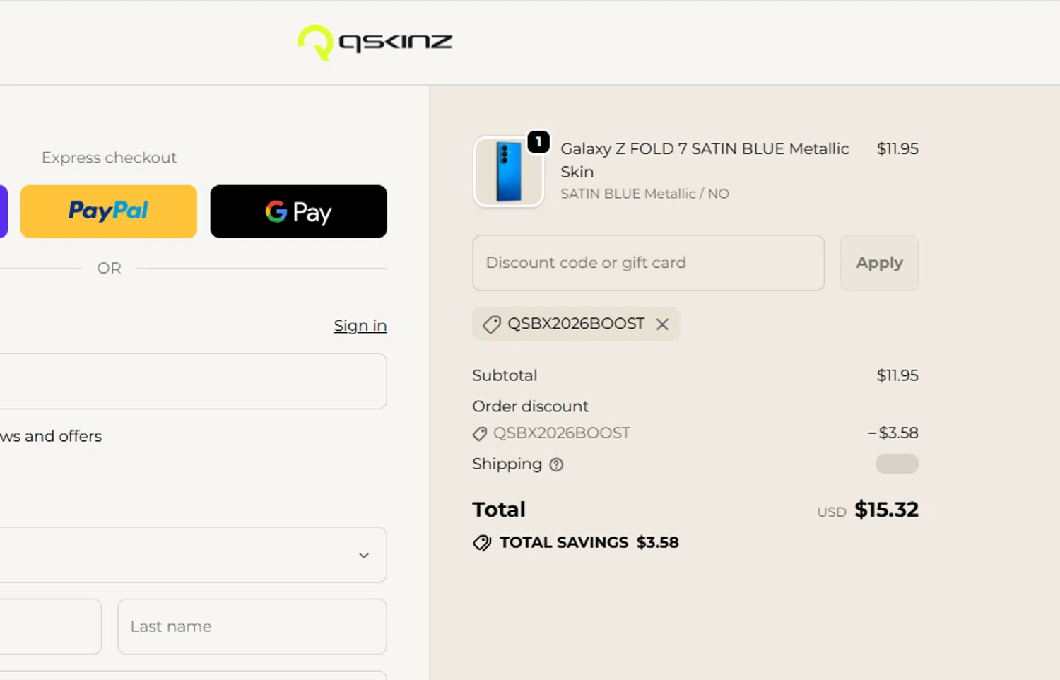 Qskinz checkout page showing Qskinz discount code box | Screenshot taken by SimplyCodes community member on Jan 3, 2026