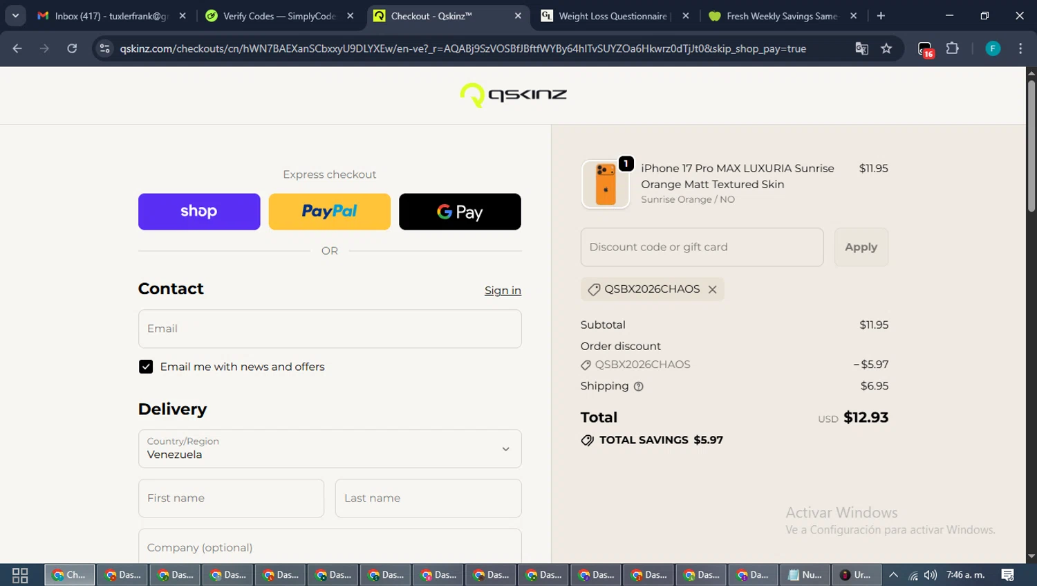 Qskinz checkout page showing Qskinz discount code box | Screenshot taken by SimplyCodes community member on Jan 3, 2026