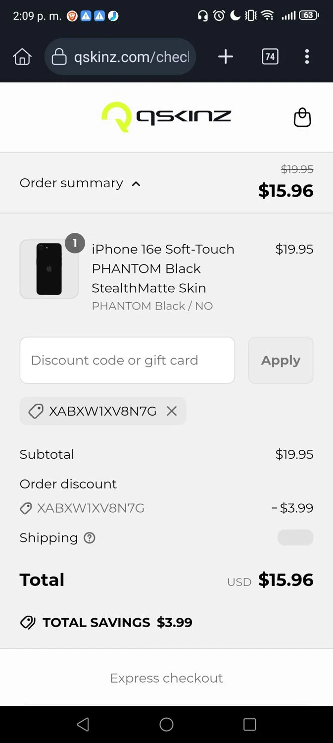 Qskinz discount code screenshot showing code XABXW1XV8N7G applied at Qskinz checkout page. Uploaded by SimplyCodes community member George07 on May 11, 2025