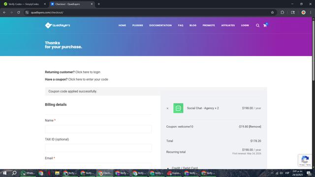 QuadLayers checkout page showing QuadLayers promo code box | Screenshot taken by SimplyCodes community member on May 24, 2025