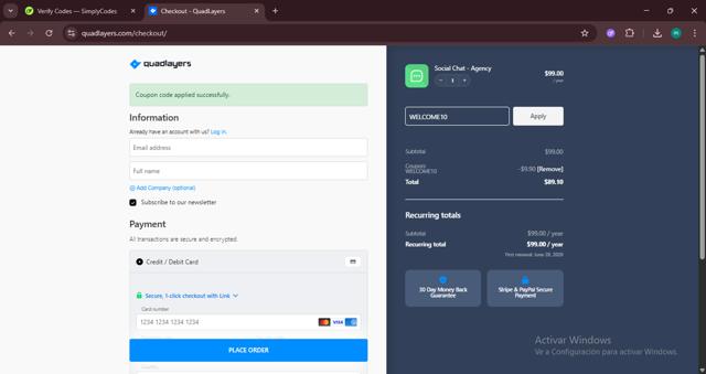 QuadLayers checkout page showing QuadLayers promo code box | Screenshot taken by SimplyCodes community member on Jun 28, 2025