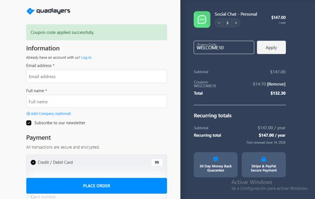 QuadLayers checkout page showing QuadLayers promo code box | Screenshot taken by SimplyCodes community member on Jun 14, 2025