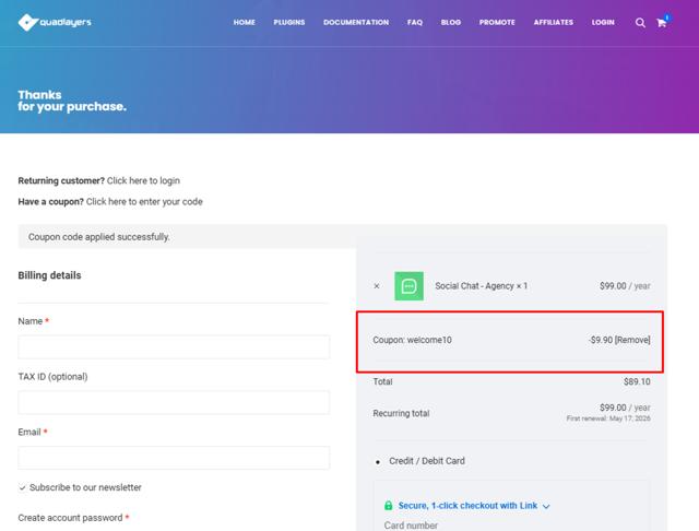 QuadLayers checkout page showing QuadLayers promo code box | Screenshot taken by SimplyCodes community member on May 17, 2025