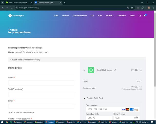 QuadLayers checkout page showing QuadLayers promo code box | Screenshot taken by SimplyCodes community member on Oct 15, 2024