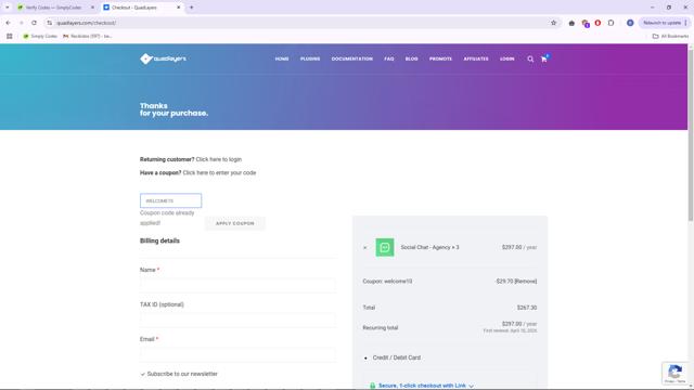 QuadLayers checkout page showing QuadLayers promo code box | Screenshot taken by SimplyCodes community member on Apr 18, 2025