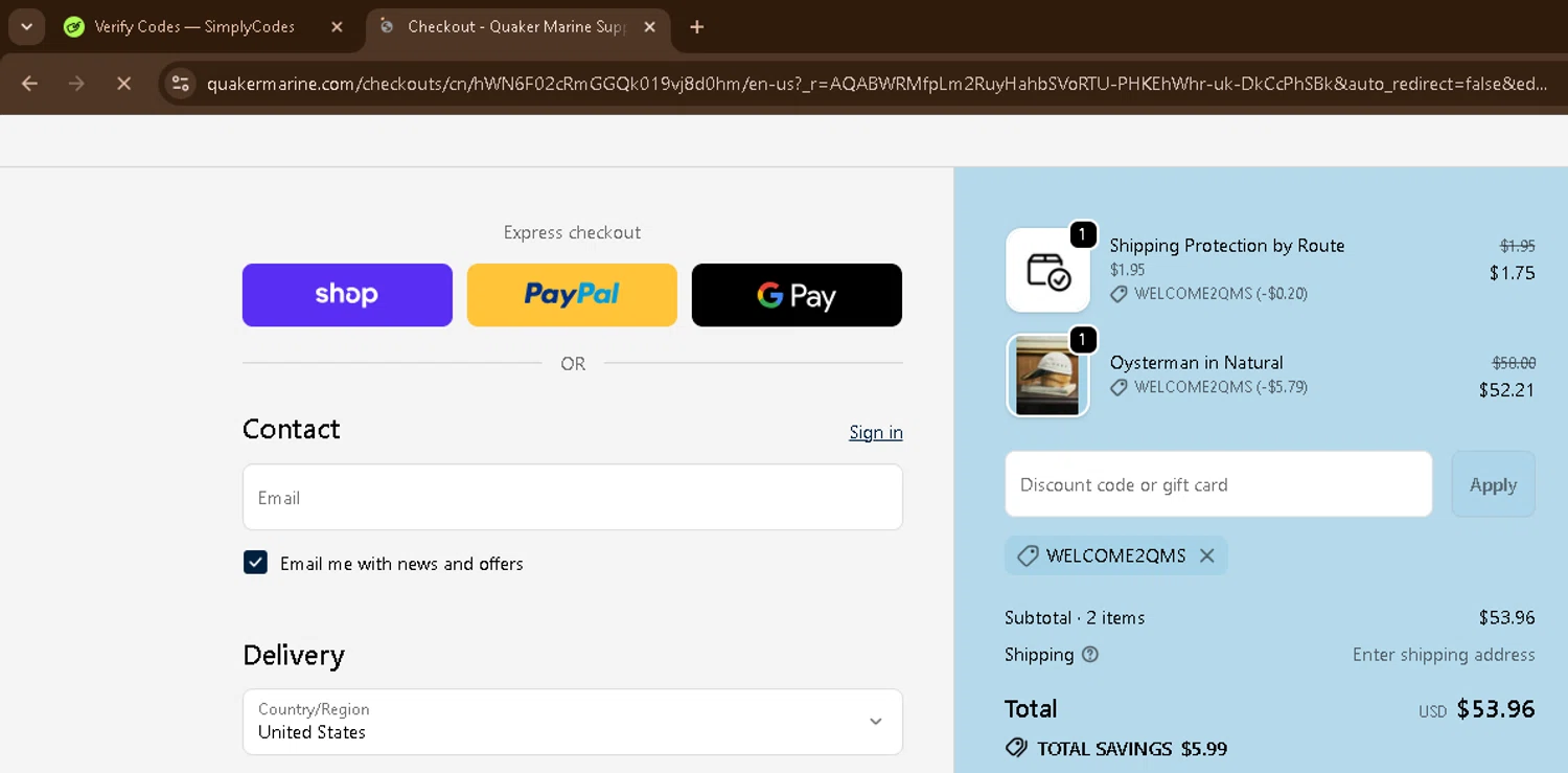 Quaker Marine Supply Co promo code screenshot showing code WELCOME2QMS applied at Quaker Marine Supply Co checkout page. Uploaded by SimplyCodes community member CoinSage1043 on Dec 9, 2025