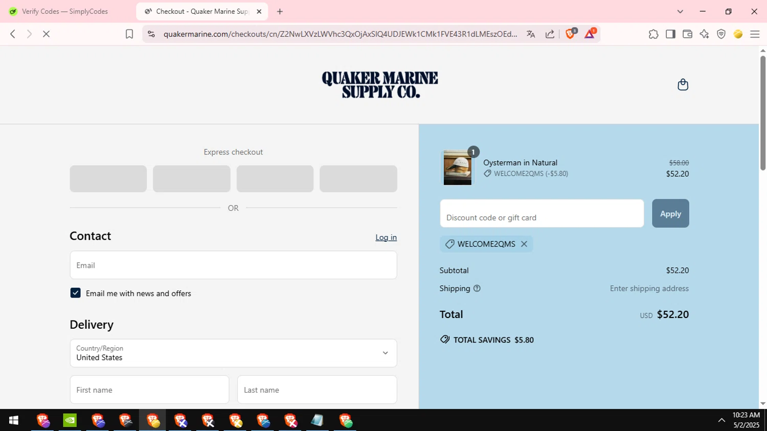 Quaker Marine Supply Co promo code screenshot showing code WELCOME2QMS applied at Quaker Marine Supply Co checkout page. Uploaded by SimplyCodes community member GloriousSage2502 on May 2, 2025