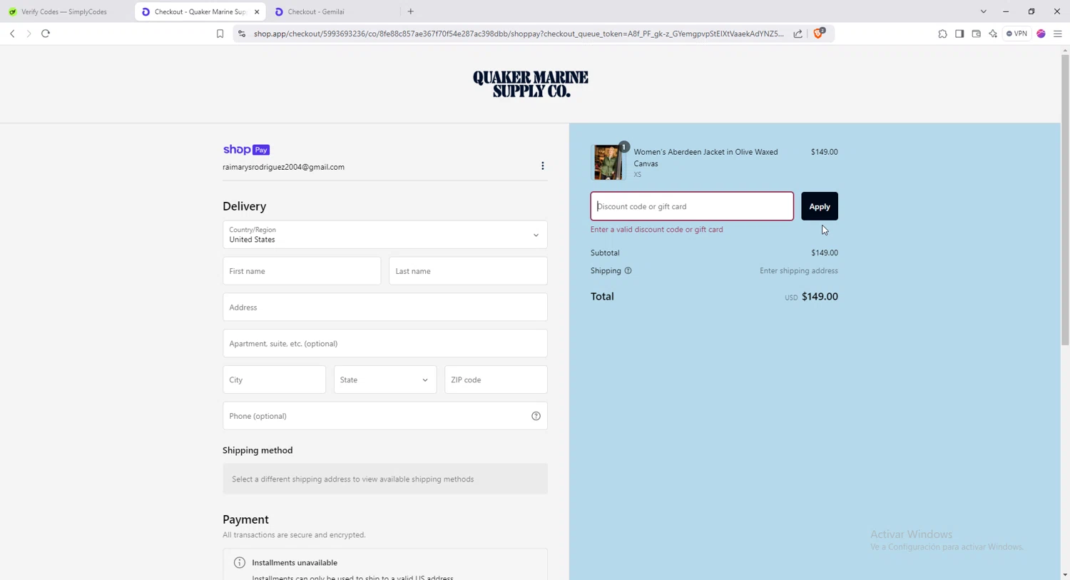 Quaker Marine Supply Co promo code screenshot showing code WEEKEND20 applied at Quaker Marine Supply Co checkout page. Uploaded by SimplyCodes community member Raiiii18 on Dec 29, 2024