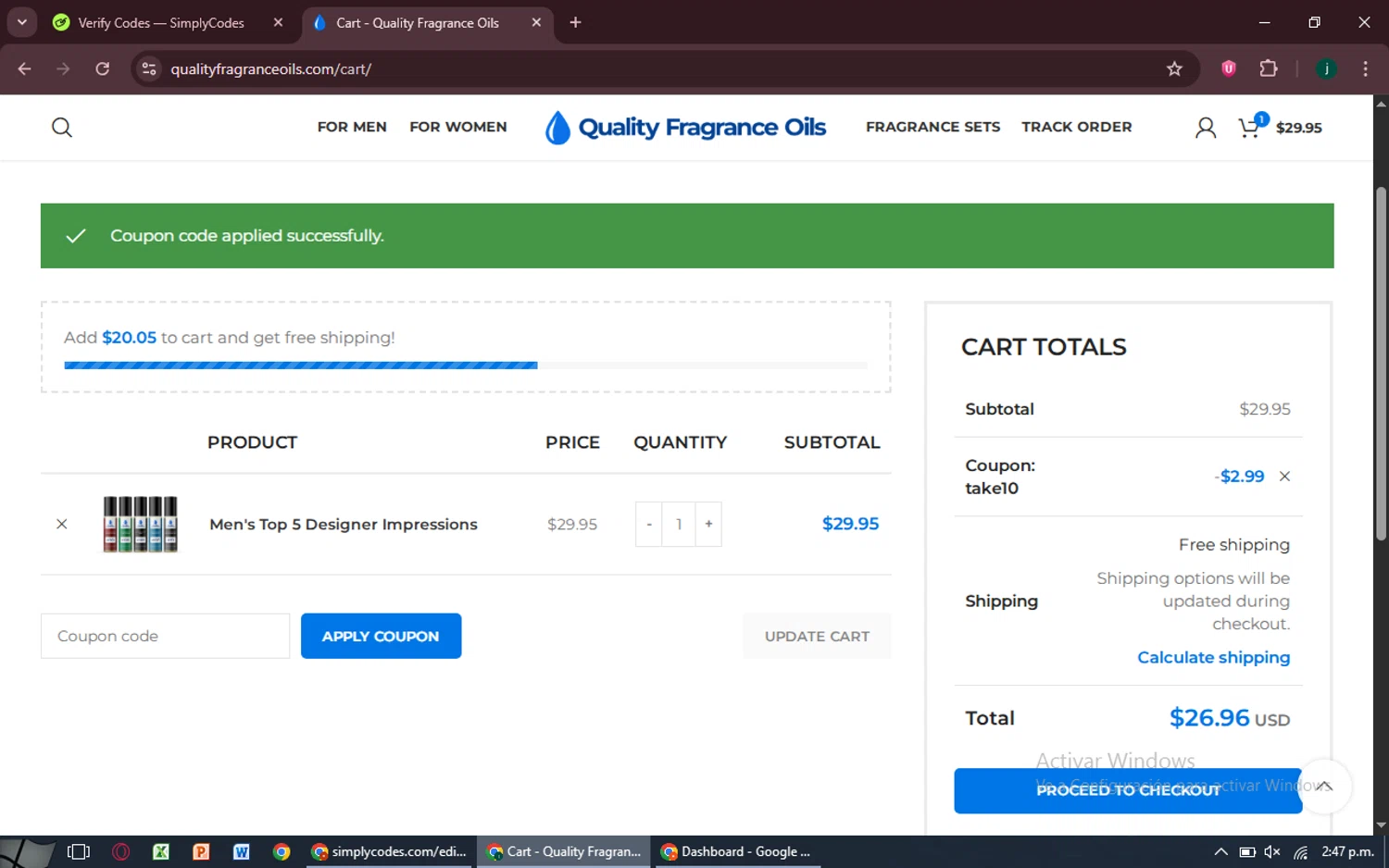 Quality Fragrance Oils coupon code screenshot showing code TAKE10 applied at Quality Fragrance Oils checkout page. Uploaded by SimplyCodes community member MoneySpotter5416 on Jun 11, 2025