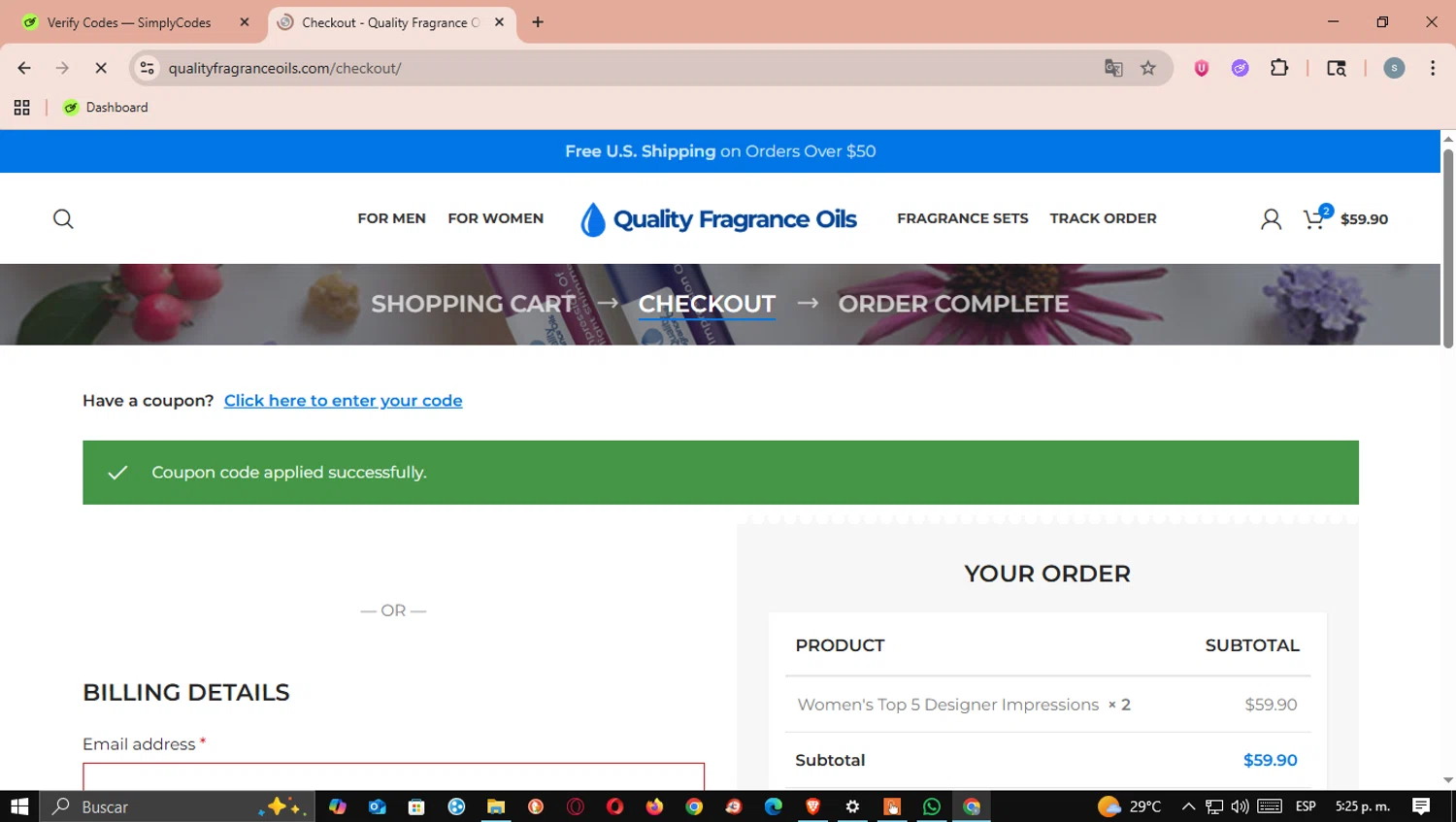 Quality Fragrance Oils coupon code screenshot showing code TAKE10 applied at Quality Fragrance Oils checkout page. Uploaded by SimplyCodes community member Mrburns on Dec 7, 2025