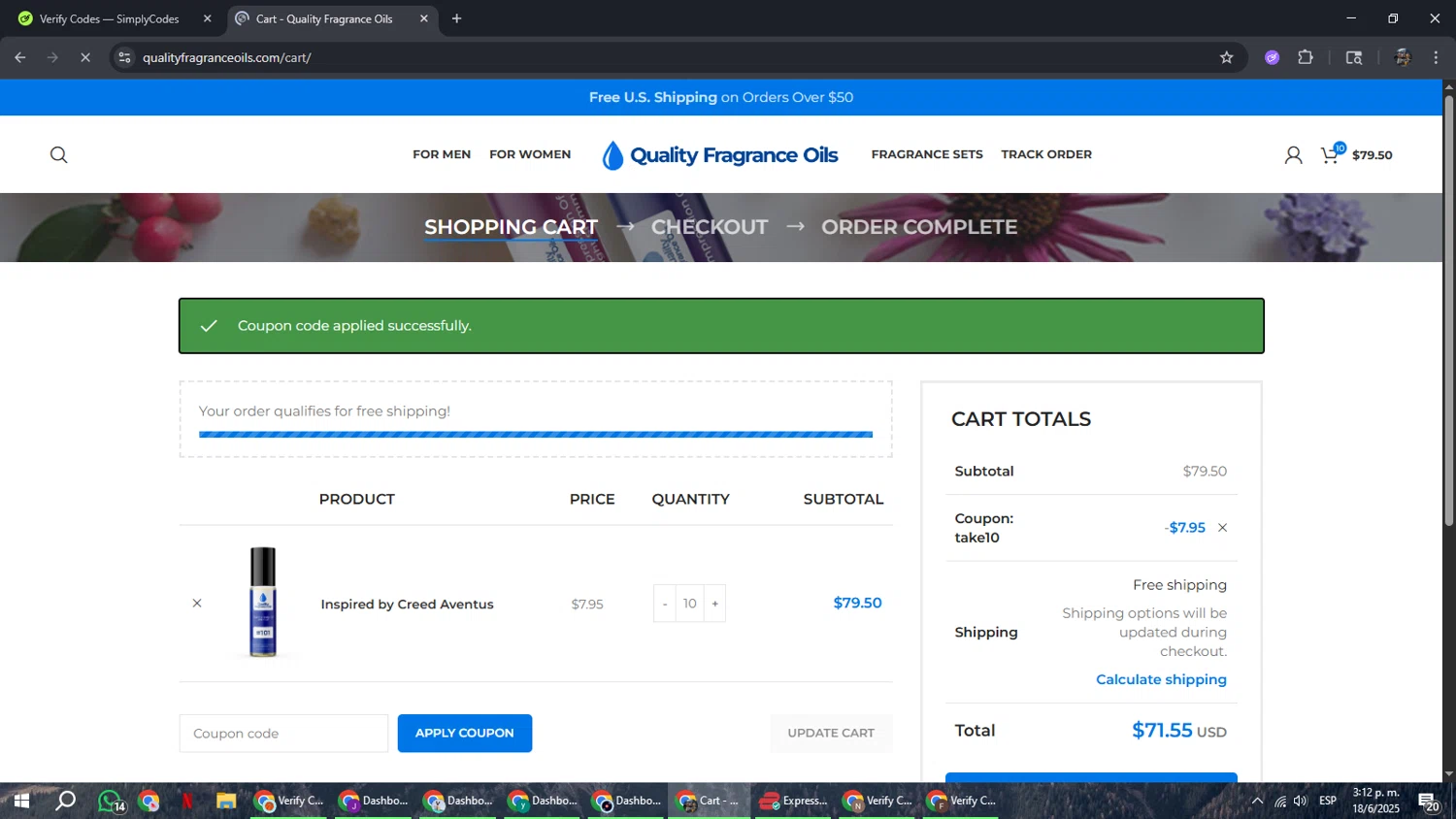 Quality Fragrance Oils coupon code screenshot showing code TAKE10 applied at Quality Fragrance Oils checkout page. Uploaded by SimplyCodes community member xxdddd on Jun 18, 2025