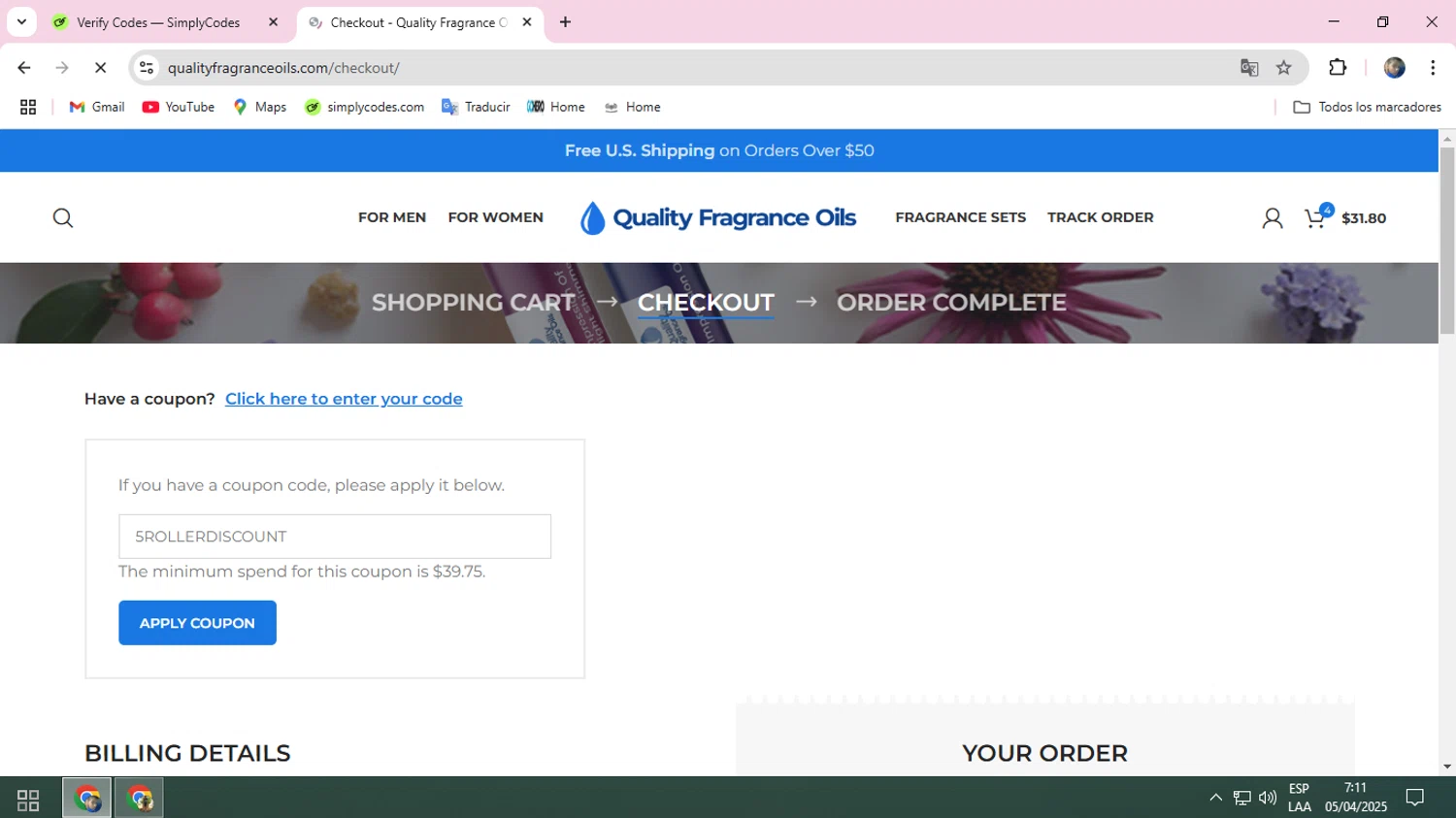 Quality Fragrance Oils coupon code screenshot showing code 5ROLLERDISCOUNT applied at Quality Fragrance Oils checkout page. Uploaded by SimplyCodes community member ELROJO on Apr 5, 2025