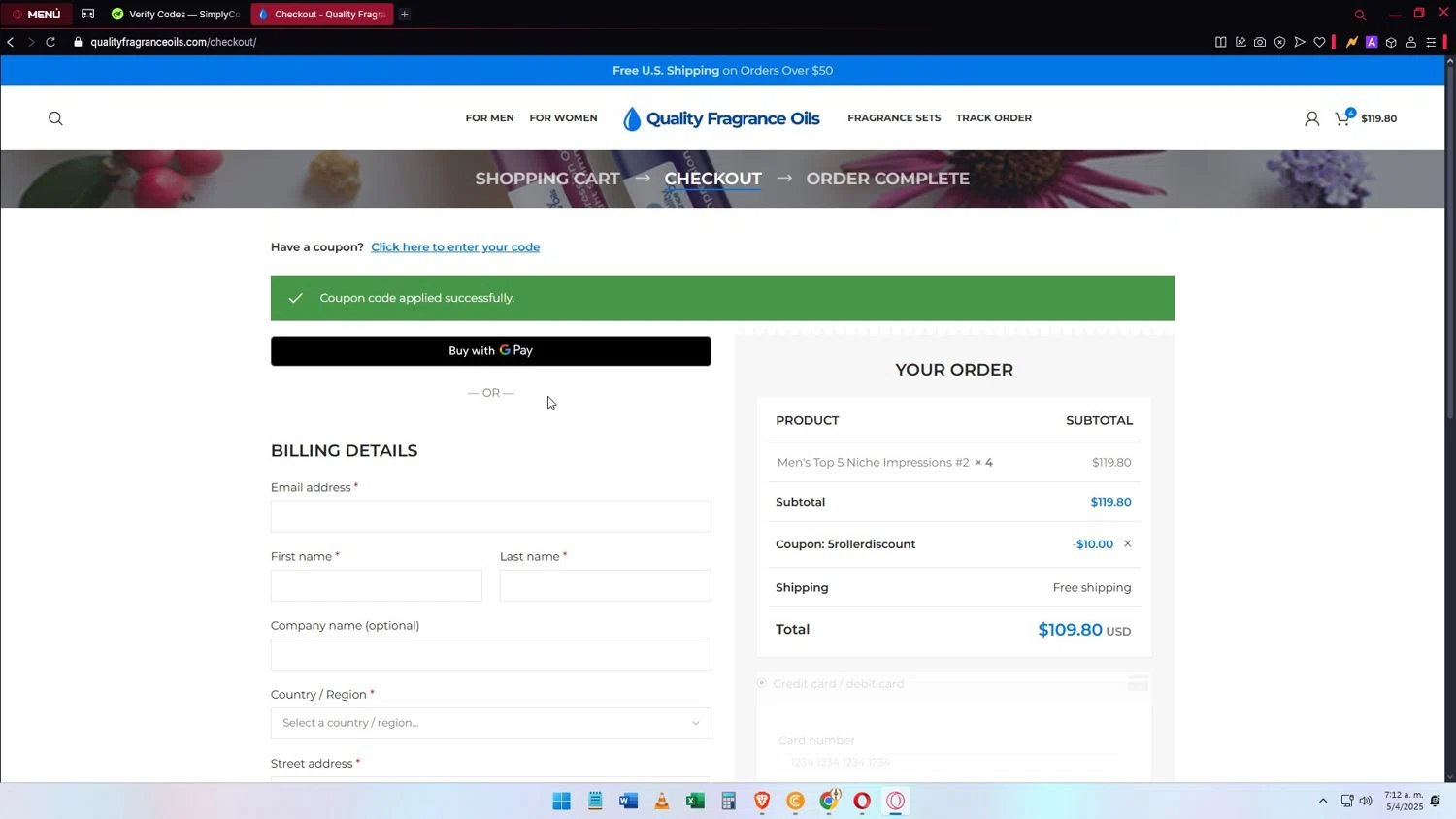 Quality Fragrance Oils coupon code screenshot showing code 5ROLLERDISCOUNT applied at Quality Fragrance Oils checkout page. Uploaded by SimplyCodes community member Elimix on Apr 5, 2025