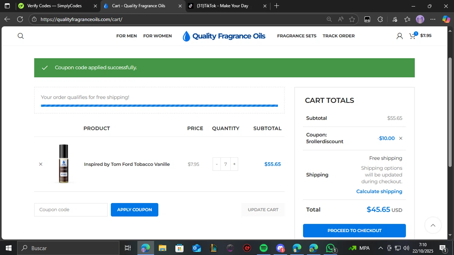 Quality Fragrance Oils coupon code screenshot showing code 5ROLLERDISCOUNT applied at Quality Fragrance Oils checkout page. Uploaded by SimplyCodes community member THEBANANA on Oct 22, 2025