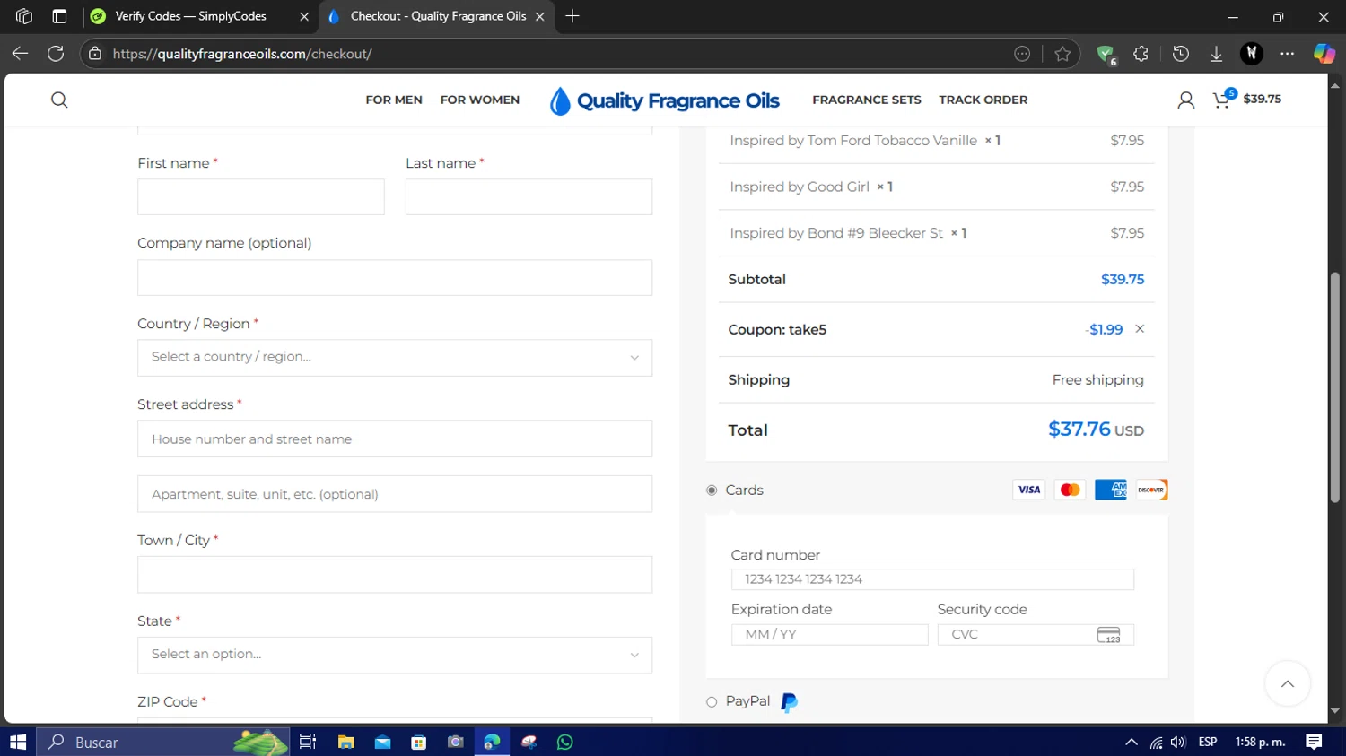 Quality Fragrance Oils coupon code screenshot showing code TAKE5 applied at Quality Fragrance Oils checkout page. Uploaded by SimplyCodes community member LegendaryFox3474 on May 21, 2025