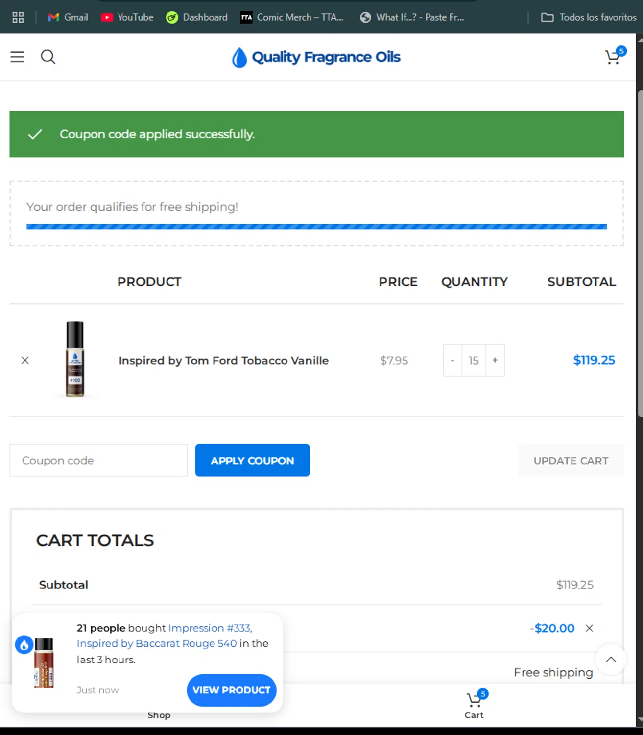 Quality Fragrance Oils coupon code screenshot showing code 10ROLLERDISCOUNT applied at Quality Fragrance Oils checkout page. Uploaded by SimplyCodes community member avatar on Apr 8, 2025
