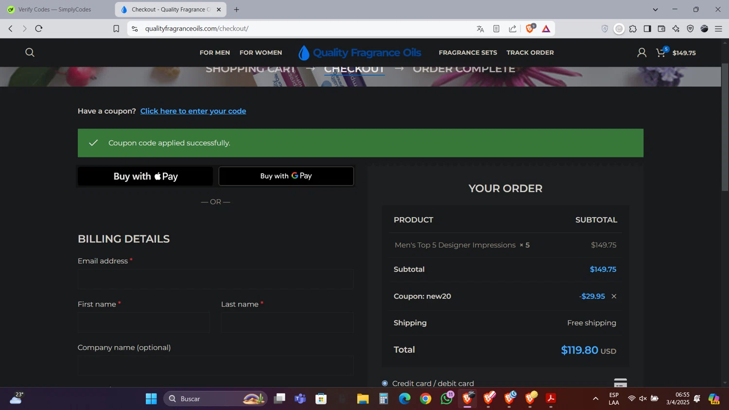 Quality Fragrance Oils coupon code screenshot showing code NEW20 applied at Quality Fragrance Oils checkout page. Uploaded by SimplyCodes community member Caraxes on Apr 3, 2025