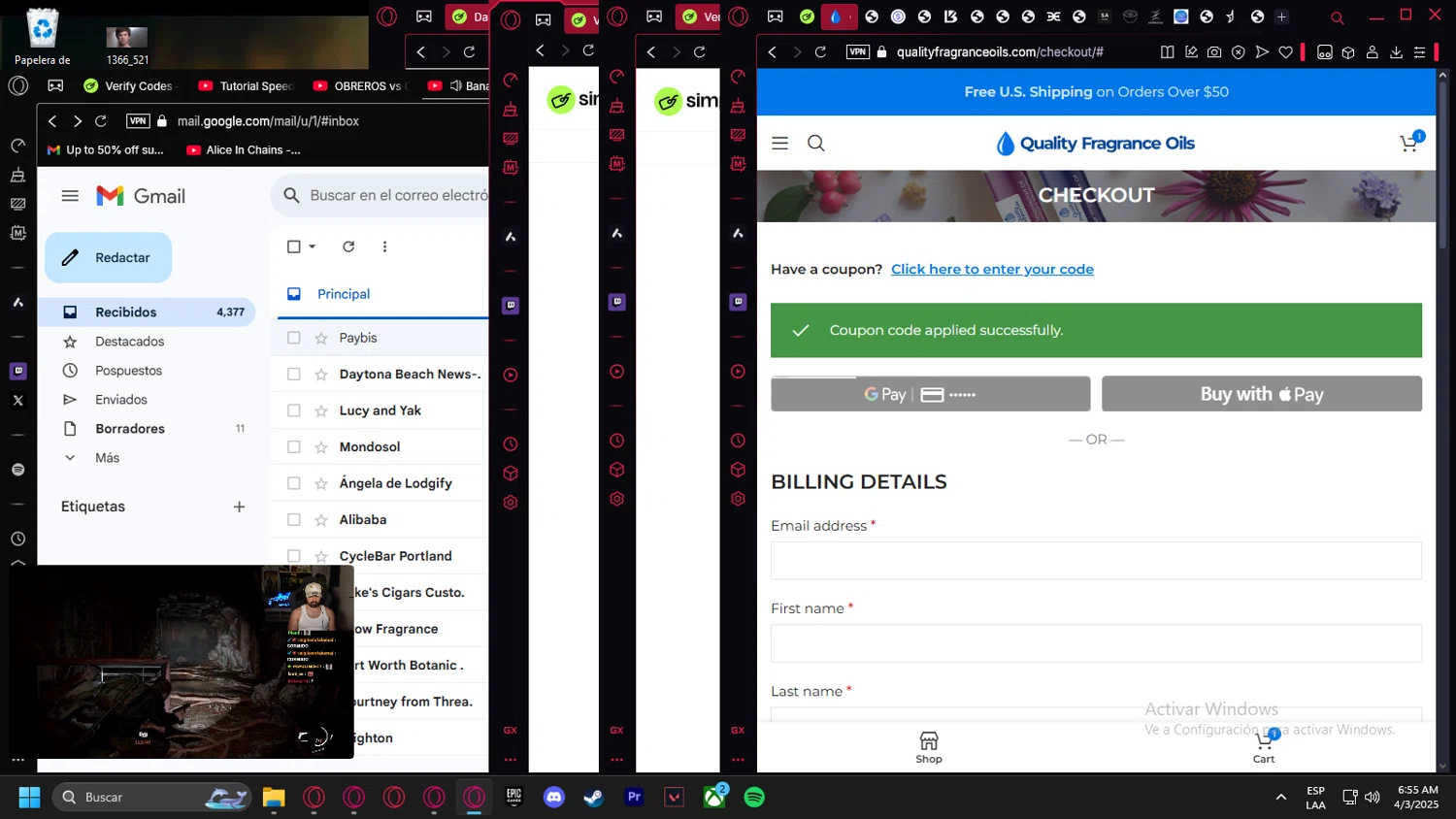 Quality Fragrance Oils coupon code screenshot showing code NEW20 applied at Quality Fragrance Oils checkout page. Uploaded by SimplyCodes community member Handivlak on Apr 3, 2025