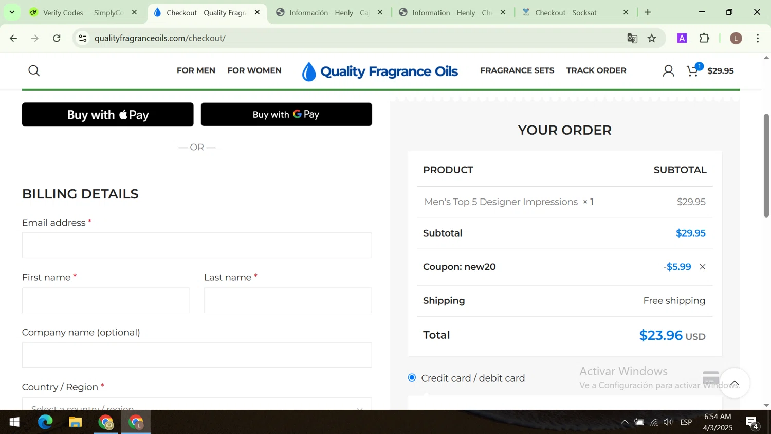 Quality Fragrance Oils coupon code screenshot showing code NEW20 applied at Quality Fragrance Oils checkout page. Uploaded by SimplyCodes community member CodeCaptain8882 on Apr 3, 2025