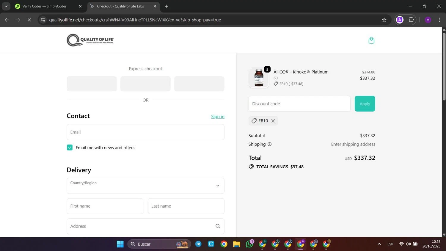 Quality of Life discount code screenshot showing code FB10 applied at Quality of Life checkout page. Uploaded by SimplyCodes community member jinwoo on Oct 30, 2025