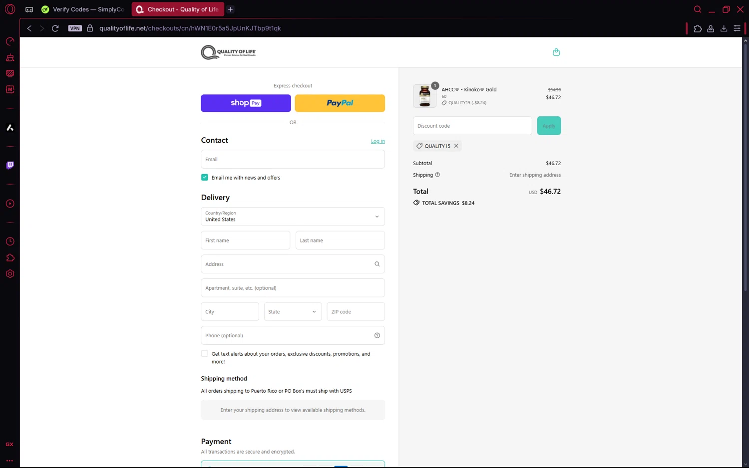 Quality of Life discount code screenshot showing code QUALITY15 applied at Quality of Life checkout page. Uploaded by SimplyCodes community member frijolito on Jul 30, 2025