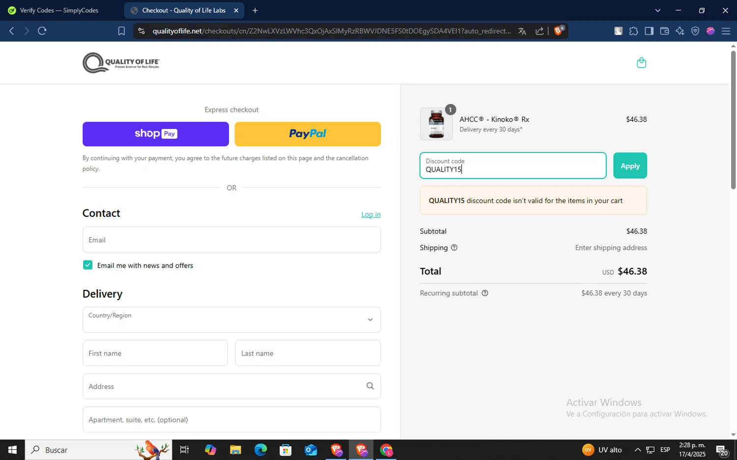 Quality of Life discount code screenshot showing code QUALITY15 applied at Quality of Life checkout page. Uploaded by SimplyCodes community member TokenSaver1205 on Apr 17, 2025