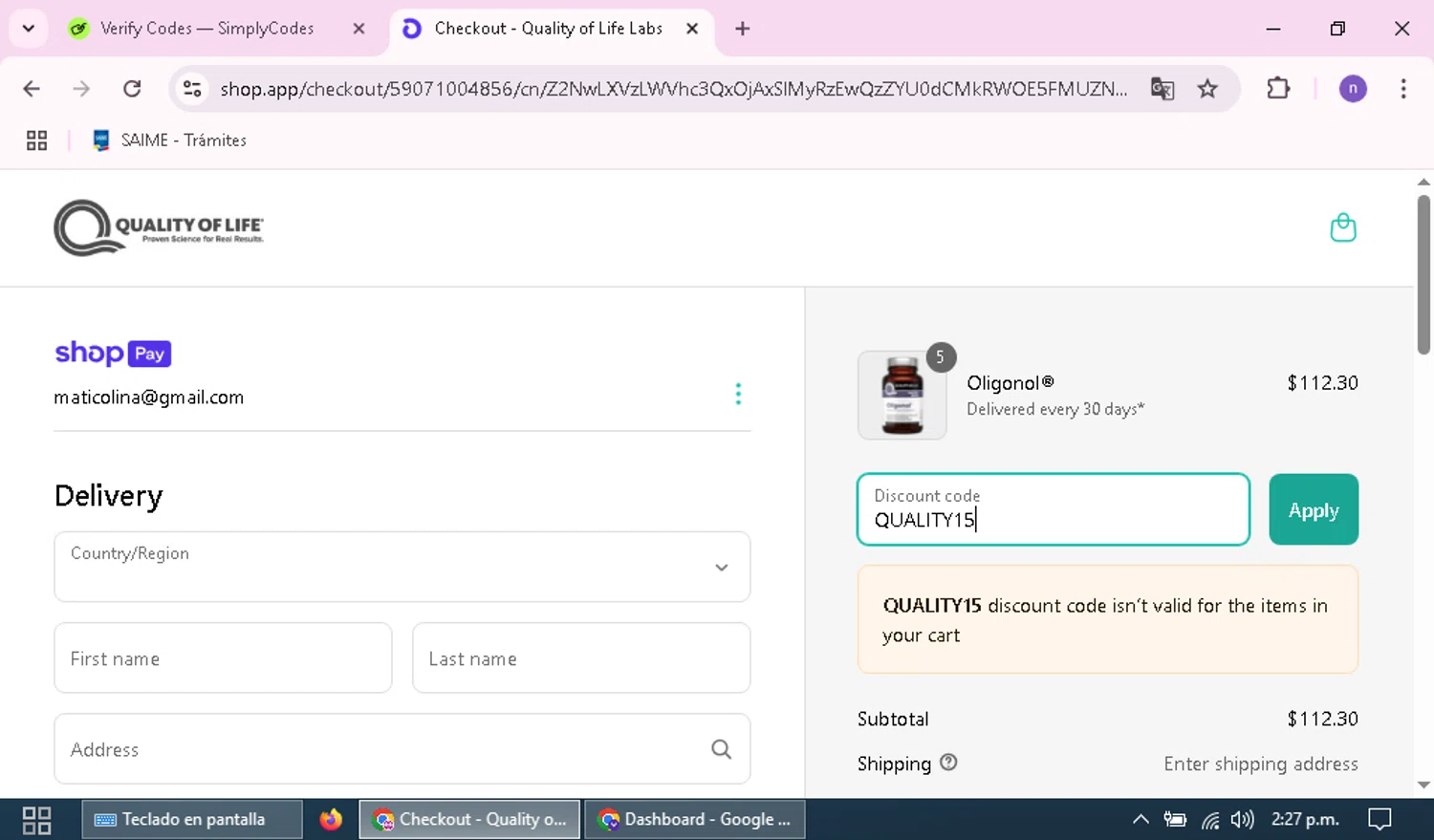 Quality of Life discount code screenshot showing code QUALITY15 applied at Quality of Life checkout page. Uploaded by SimplyCodes community member nairelysnavarro1 on Apr 17, 2025