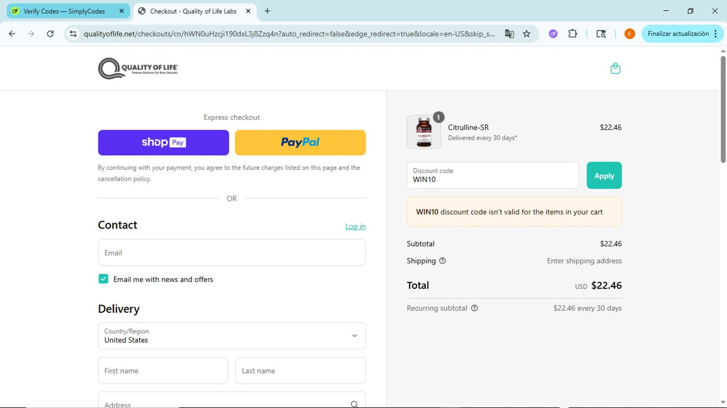 Quality of Life discount code screenshot showing code WIN10 applied at Quality of Life checkout page. Uploaded by SimplyCodes community member BudgetFox5491 on Jul 22, 2025