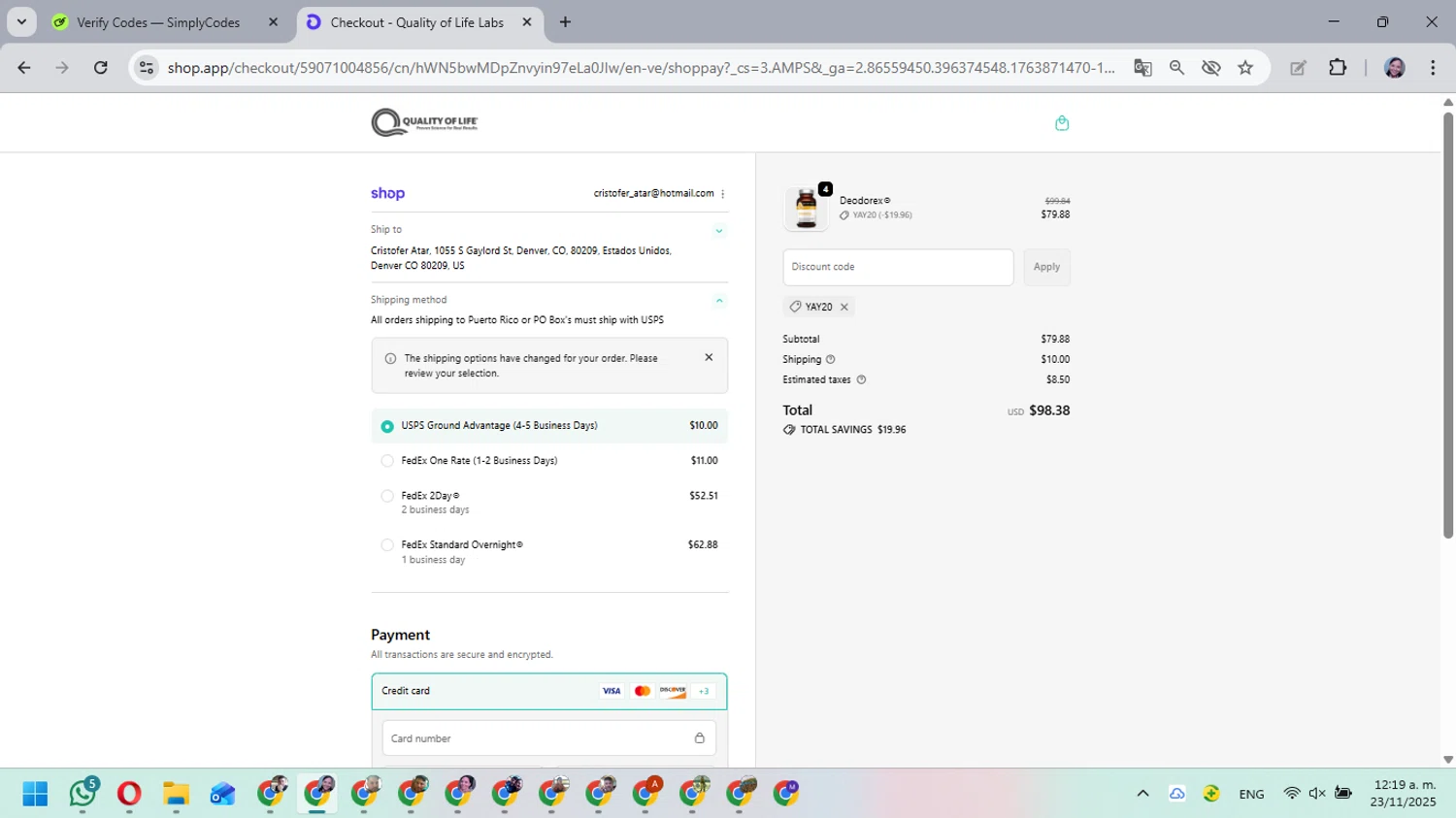 Quality of Life discount code screenshot showing code YAY20 applied at Quality of Life checkout page. Uploaded by SimplyCodes community member MarielisPb on Nov 23, 2025