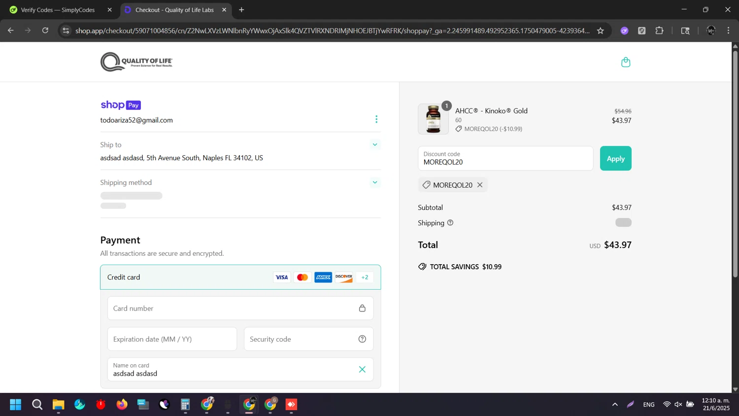 Quality of Life discount code screenshot showing code MOREQOL20 applied at Quality of Life checkout page. Uploaded by SimplyCodes community member Rei_Chikita_uwu on Jun 21, 2025
