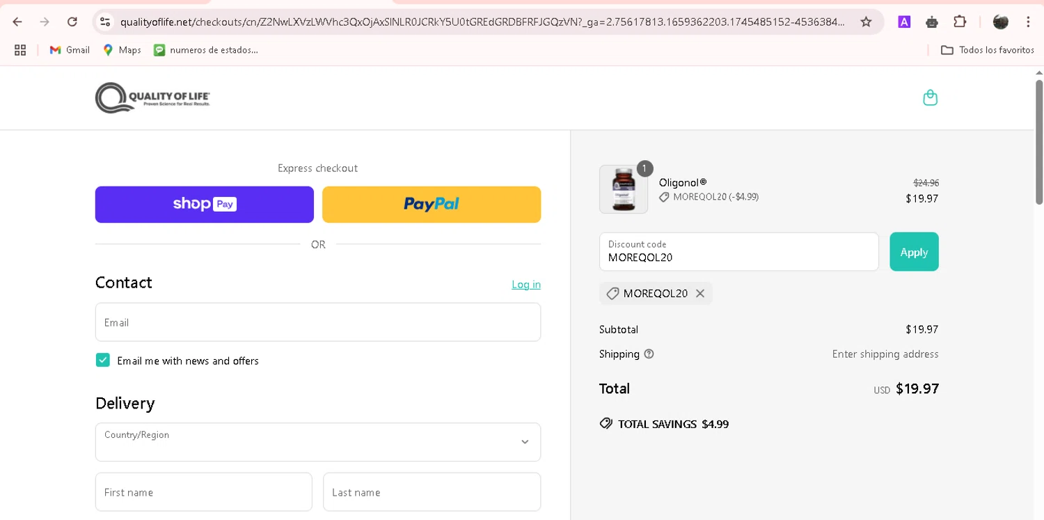 Quality of Life discount code screenshot showing code MOREQOL20 applied at Quality of Life checkout page. Uploaded by SimplyCodes community member adrianvasquez1 on Apr 24, 2025