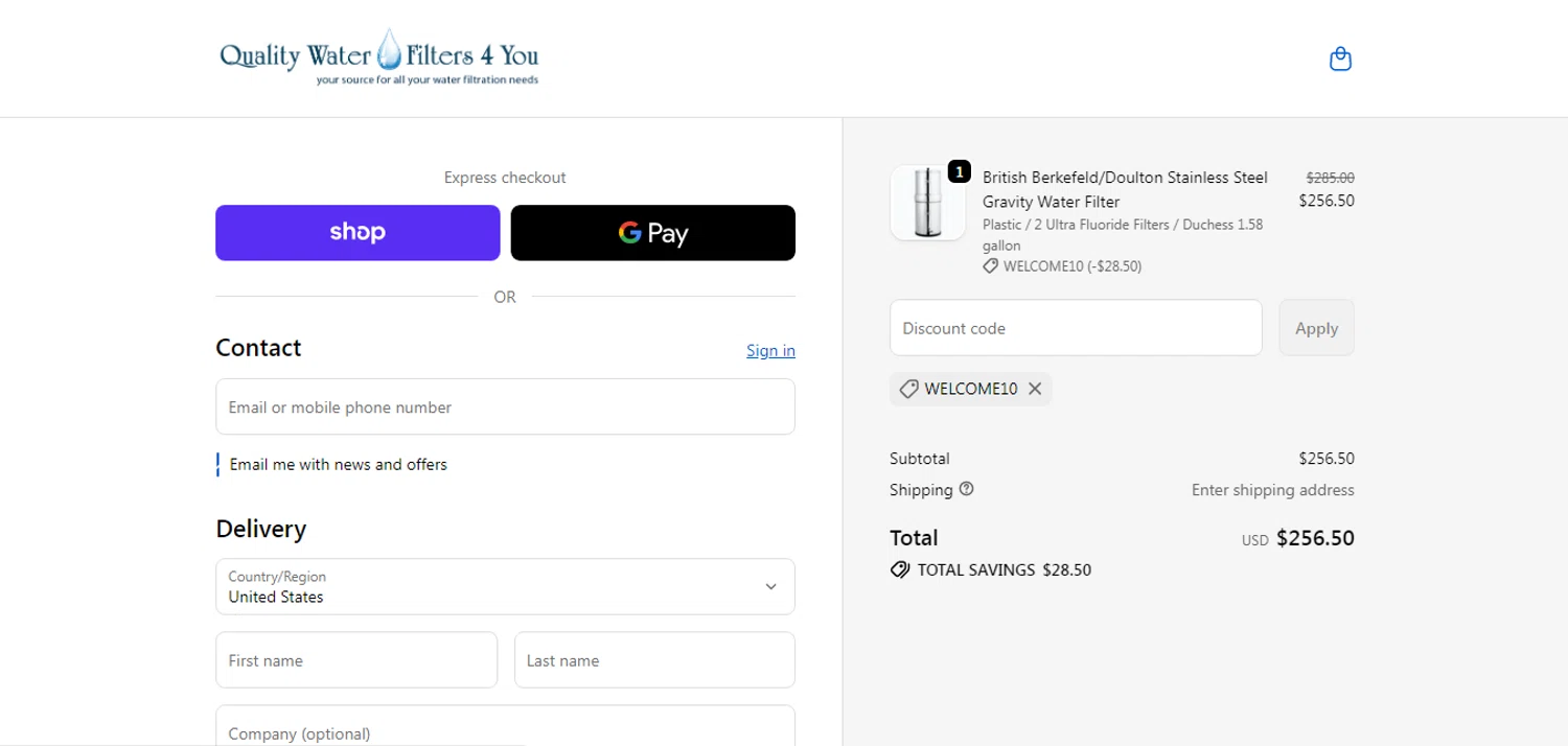 Quality Water Filters 4 You promo code screenshot showing code WELCOME10 applied at Quality Water Filters 4 You checkout page. Uploaded by SimplyCodes community member HUNTER1406 on Jun 15, 2026