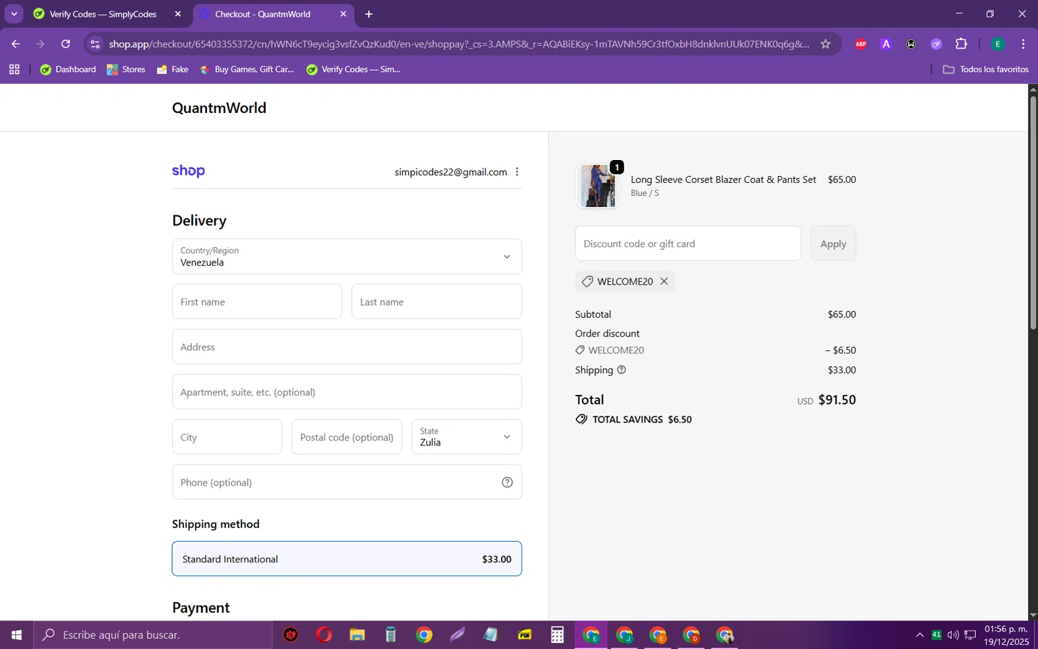 Quantm World promo code screenshot showing code WELCOME20 applied at Quantm World checkout page. Uploaded by SimplyCodes community member RebateScholar429 on Dec 19, 2025