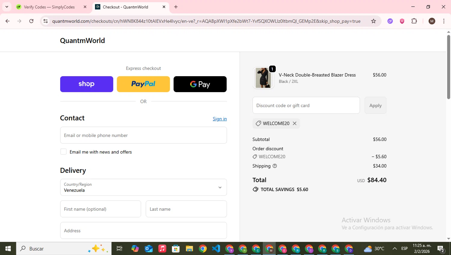 Quantm World promo code screenshot showing code WELCOME20 applied at Quantm World checkout page. Uploaded by SimplyCodes community member WonderWizard9060 on Feb 2, 2026