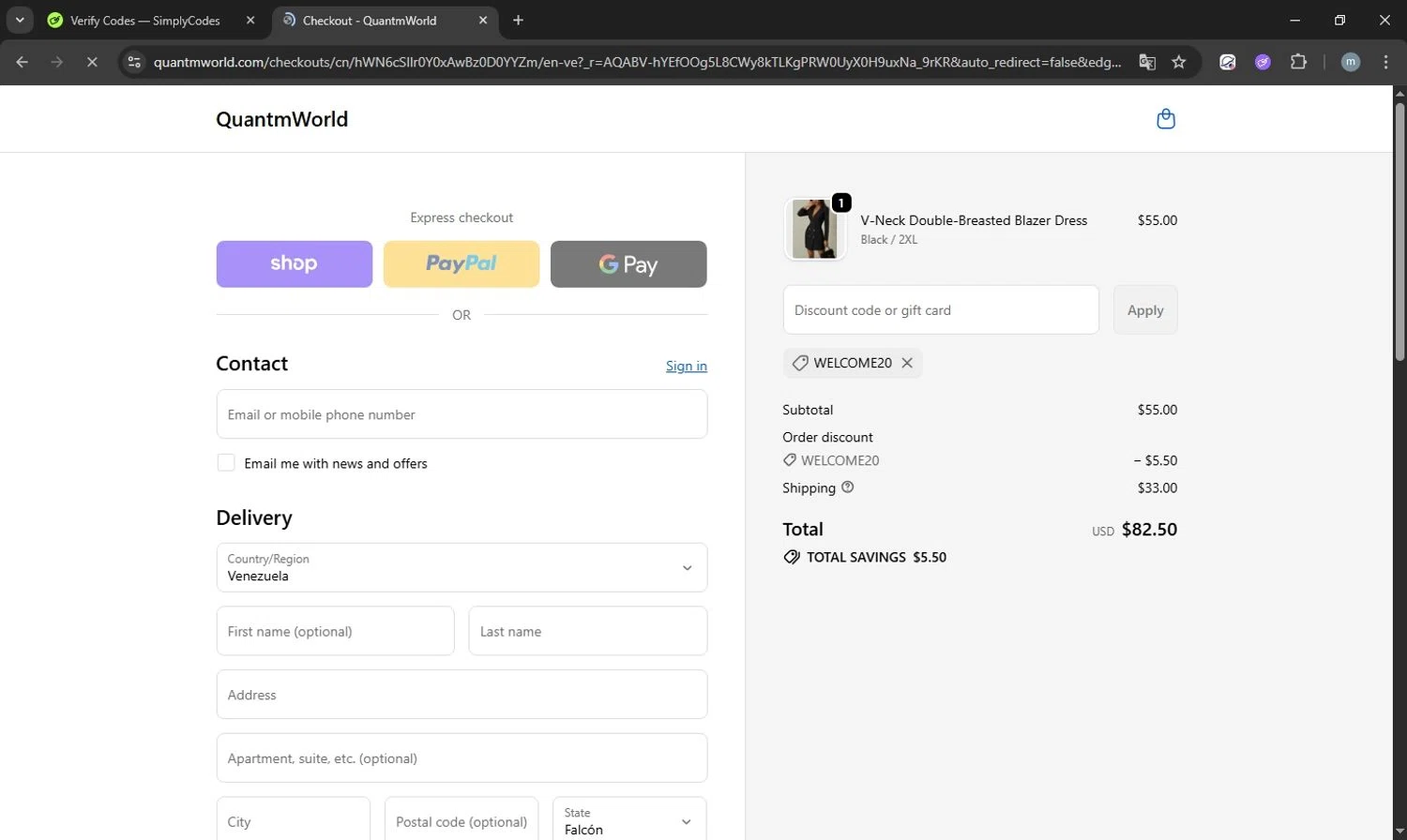 Quantm World promo code screenshot showing code WELCOME20 applied at Quantm World checkout page. Uploaded by SimplyCodes community member acostaacosta on Dec 19, 2025