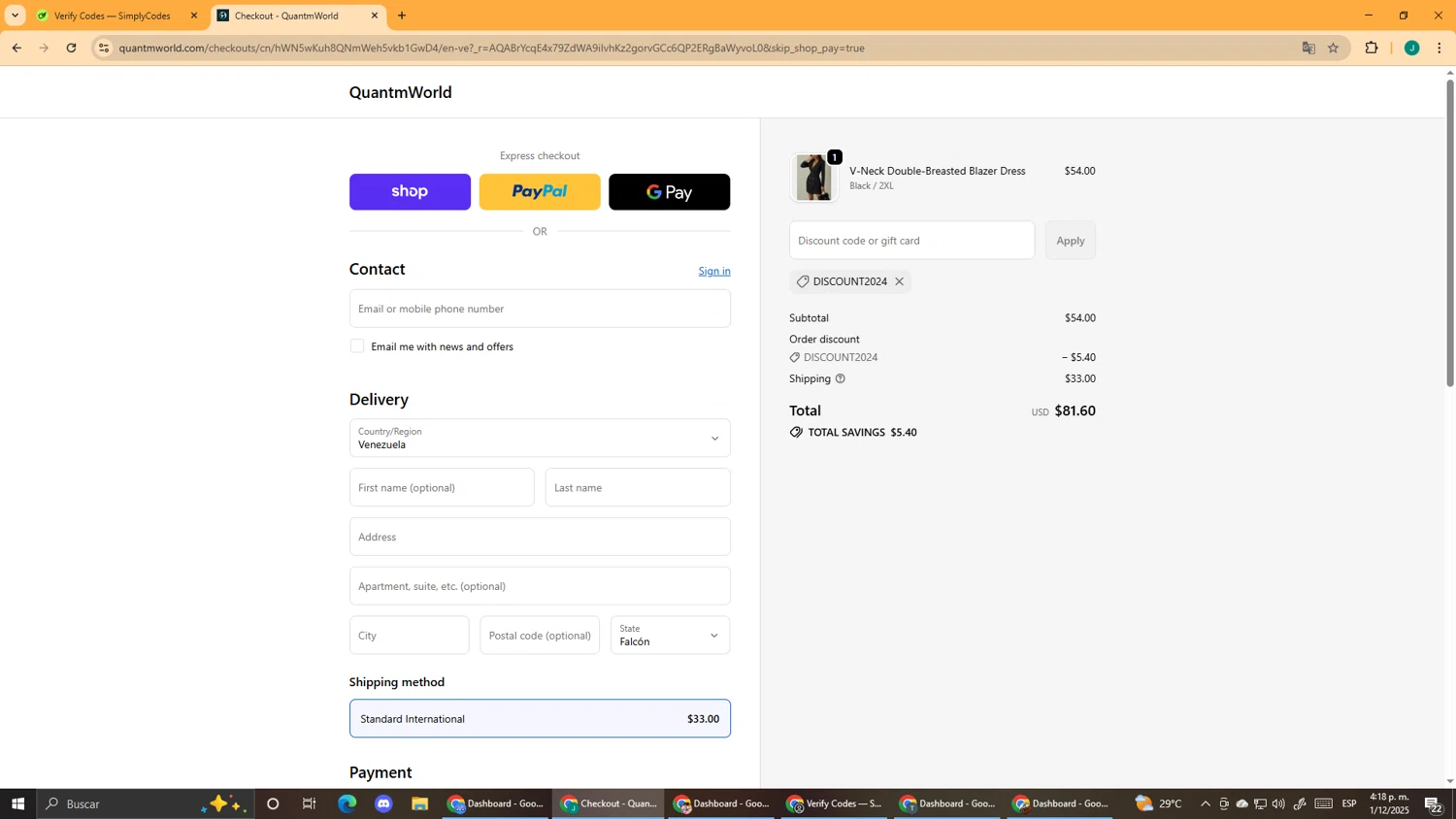 Quantm World promo code screenshot showing code DISCOUNT2024 applied at Quantm World checkout page. Uploaded by SimplyCodes community member DealScout5970 on Dec 1, 2025