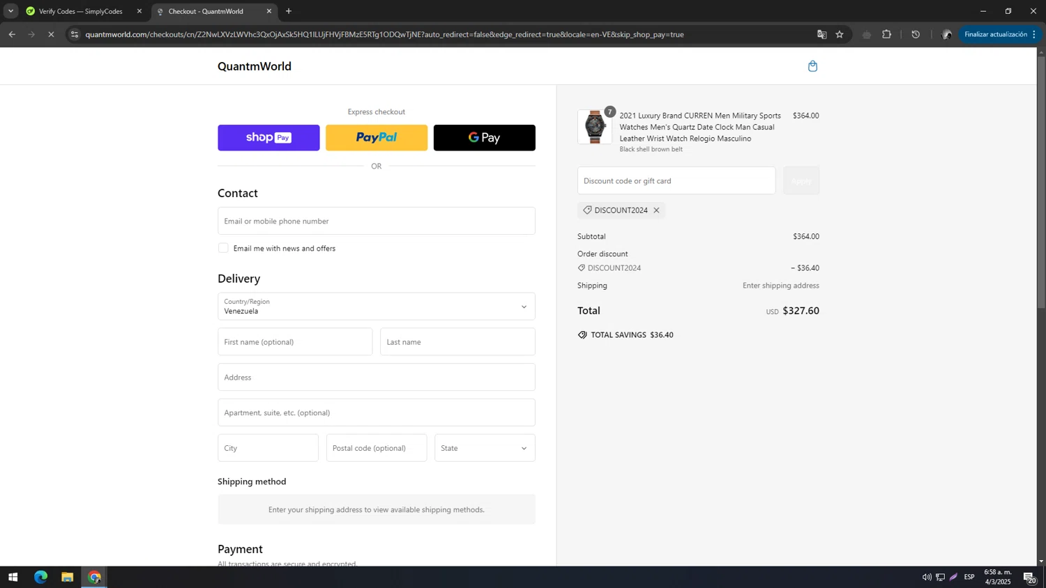 Quantm World promo code screenshot showing code DISCOUNT2024 applied at Quantm World checkout page. Uploaded by SimplyCodes community member ELMARRON on Mar 4, 2025