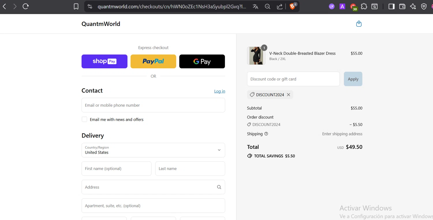 Quantm World promo code screenshot showing code DISCOUNT2024 applied at Quantm World checkout page. Uploaded by SimplyCodes community member Trump23 on Jul 19, 2025