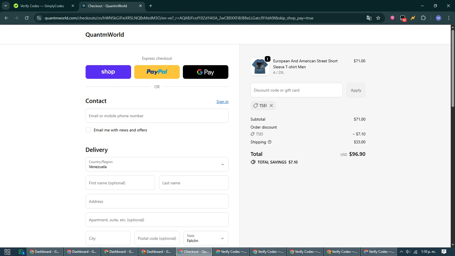 Quantm World promo code screenshot showing code tsei applied at Quantm World checkout page. Uploaded by SimplyCodes community member VoucherCurator824 on Nov 26, 2025