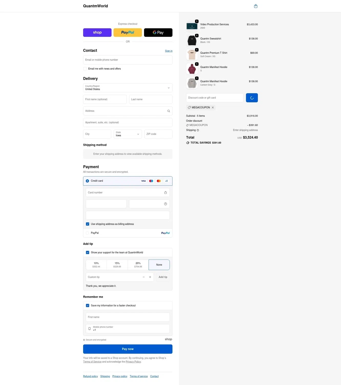 Quantm World promo code screenshot showing code MEGACOUPON applied at Quantm World checkout page. Uploaded by SimplyCodes community member LOgoter on Jan 7, 2026