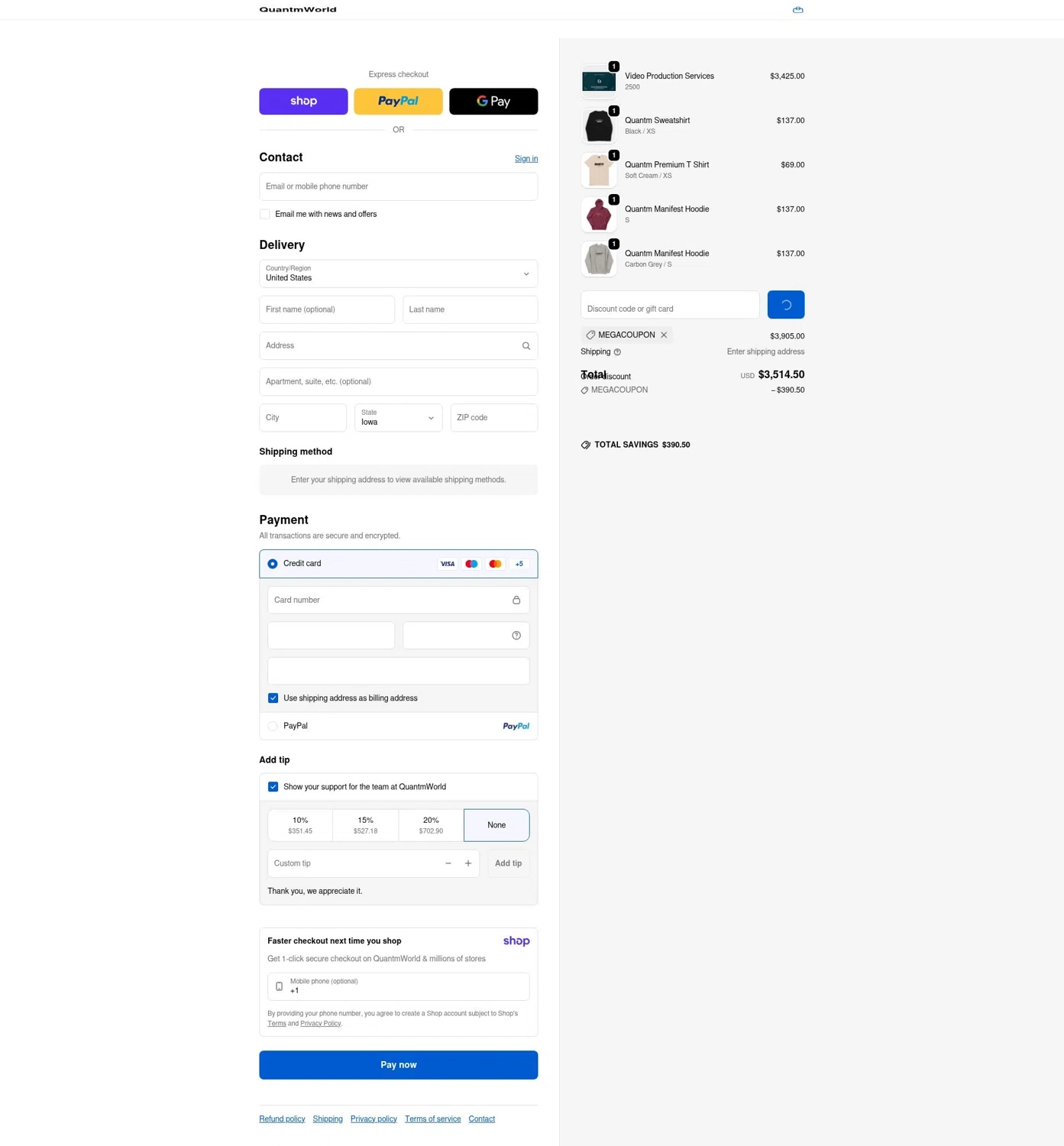 Quantm World promo code screenshot showing code MEGACOUPON applied at Quantm World checkout page. Uploaded by SimplyCodes community member terricameron on Jan 19, 2026