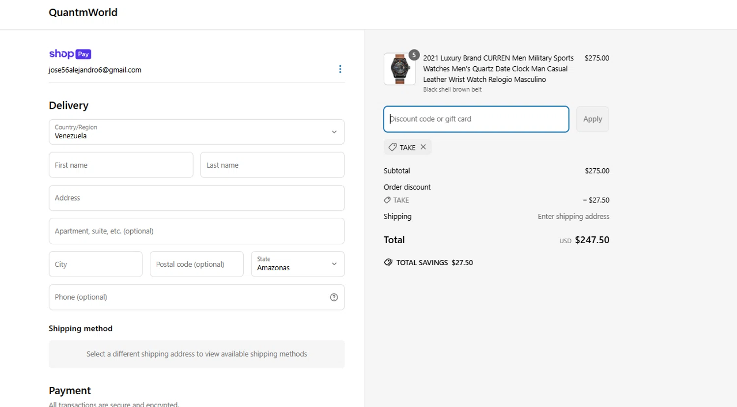 Quantm World promo code screenshot showing code Take applied at Quantm World checkout page. Uploaded by SimplyCodes community member Kmacho on May 18, 2025