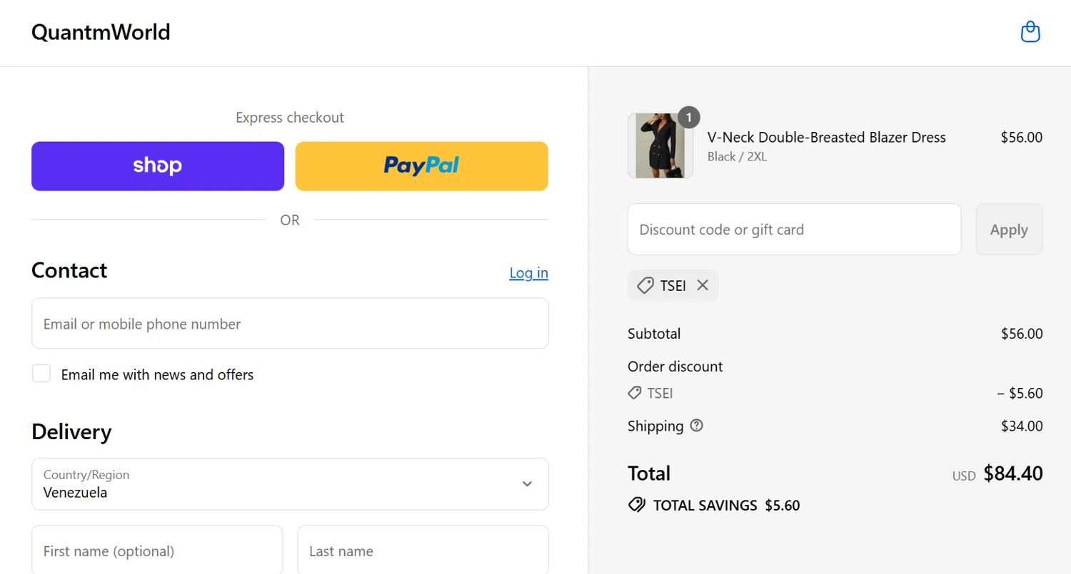 Quantm World promo code screenshot showing code tsei applied at Quantm World checkout page. Uploaded by SimplyCodes community member juancrisostomo on Sep 7, 2025